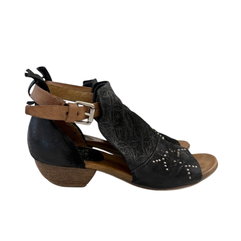 Miz Mooz Black and Brown Laser-Cut Stud Sandals